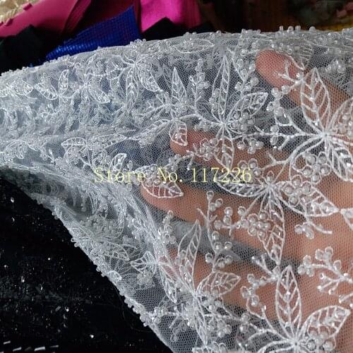 Full beaded embroidered tulle lace fabric french net lace fabric JRB-72801 for bridal dress