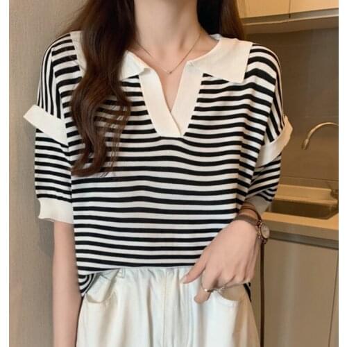 LJSXLS New Stripe Turn-down Collar Womens Sweater Korean Contrast Color Short Sleeve Knitted Tops Summer Loose Pullovers 2021
