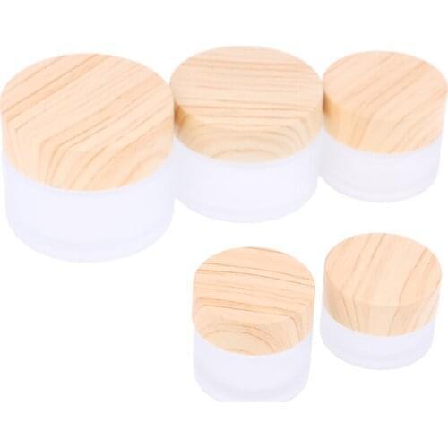 Frosted Glass Jar Skin Care Eye Cream Jars Pot Refillable Bottle Cosmetic Container With Wood Grain Lid 5g 10g 15g 30g 50g