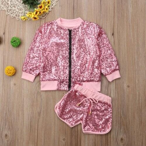 Fashion Baby Girls Long Sleeve Zip Tops Pink Coat Kid Jacket Pants Toddler Outfits Set Sequin Clothes