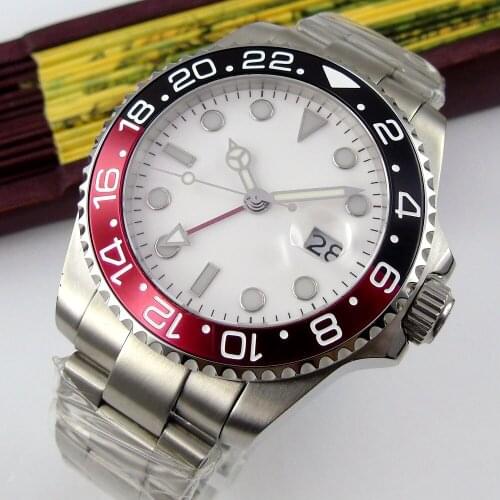 40MM White Sterile Dial Sapphire Glass Date Luminous Red Black Bezel Steel Bracelet GMT Automatic Movement Mens Watch