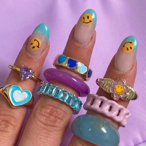 Colorful Enamel Double layer Rings Heart Fashion Butterfly For Women Vintage Acrylic Chunky Finger Girl Party 2021 Jewelry Gift