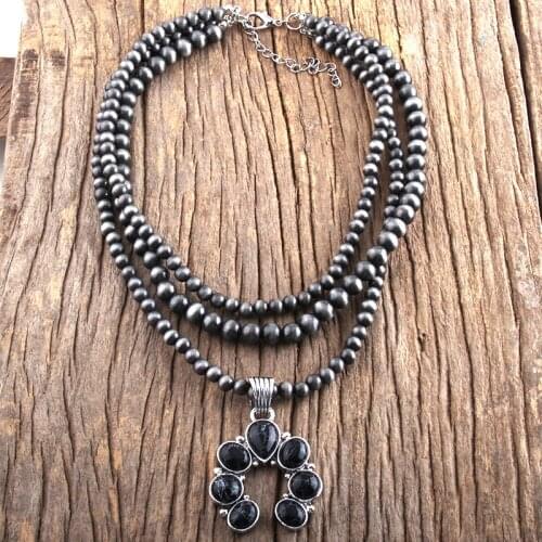 RH Fashion Boho Jewelry 3 Layer Gray Drawing CCB Black Stone Moon Pendant Necklaces Women Bohemia Necklace Gift Dropship