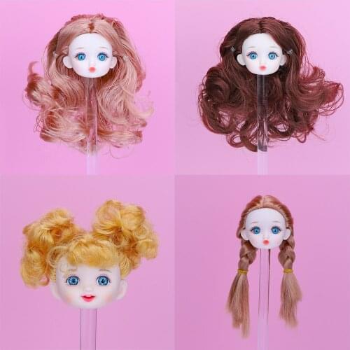 1/12 BJD 3D Blue Eyes Ball Joints Doll Head With Smile Face Golden Curls Yellow Long Wavy Hair Sculpt Body Parts DIY Replacement