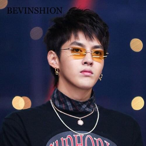Rap Hip Hop Style Cool Rimless Square Sunglasses Men Brand Designer Yellow Glasses Red Blue Lens Small Frame Sun Glasses Female