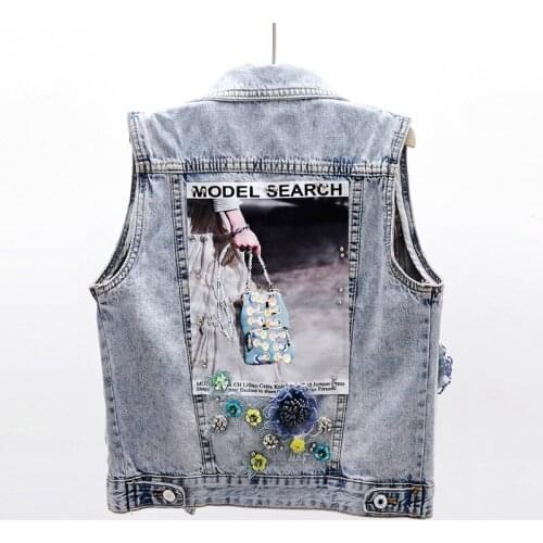 2020 NEW women sleeveless denim vests jackets flowers beading rhinestone sequins female casual waistcoat chic JC223