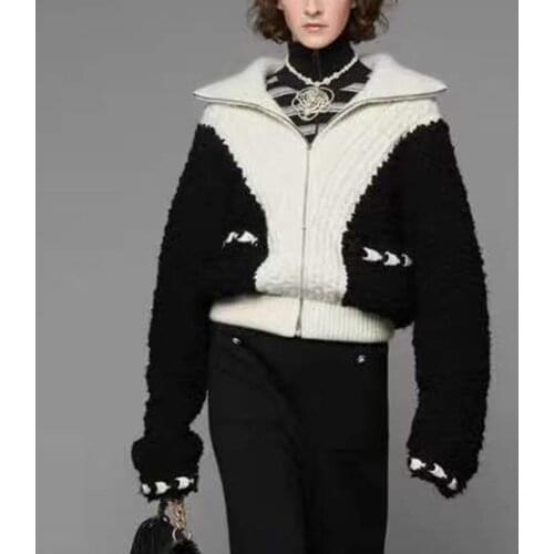 Women Colorblock Sweater Coat Autumn Winter Thick Knit Jacket Coat