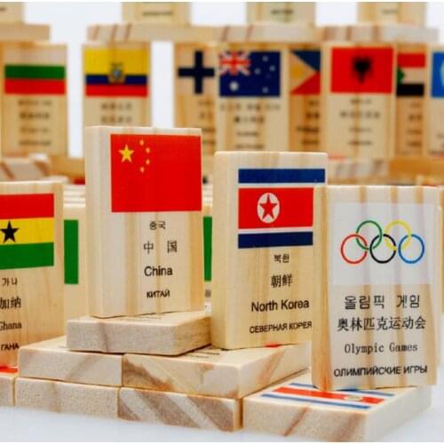 100pcs Montessori Material National Flag Country Name Educational Wooden Toys Domino Block Set