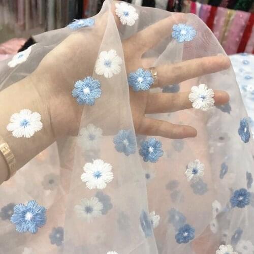 2 Yards Lovely Flower Embroidery Organza Lace Fabric Sweet Pink Blue for Headbands Bowties DIY Crafts Bridal Dress Baby Fress