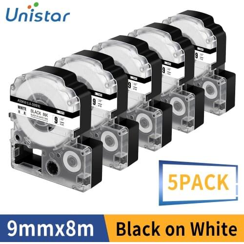 5 Pack SS9K For Epson Printer LabelWorks Tape Cartridge Compatible for King Jim TEPRA LITE PRO Black Ink on White Tape 9mmX8m