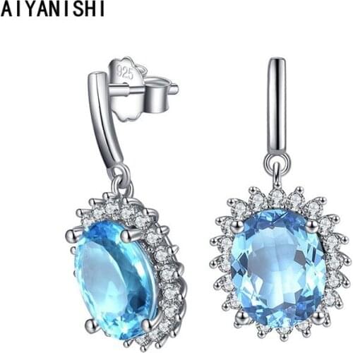 AIYANISHI 925 Sterling Silver Dangle Earrings Halo Blue Oval Earrings Wedding Engagement Silver Chandelier Drop Earrings Gifts