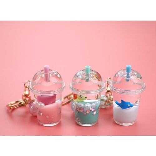 Acrylic Milk Bottle Keyring Milk Tea Cup Keychain Marine Animal Liquid Floating Key Chains Charm Bag Pendant Car Key Ring