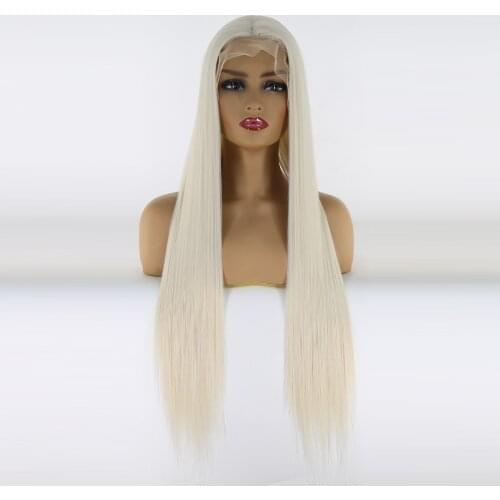 BTWTRY Platinum Blonde Synthetic Lace Front Wig T-Part Lace #60 Long Straight Wigs Half Hand Tied Replacement Wig for Daily Wear