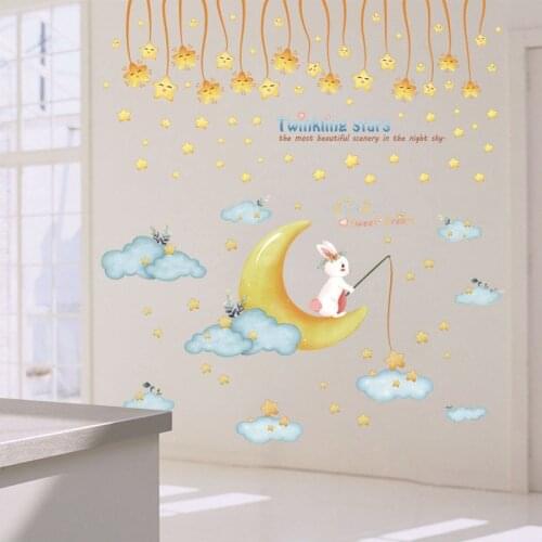DIY Cartoon Kids Wall Sticker Home Room Decoration Twinkling Stars Rabbit Moon Whale Baby Bedroom Decor Removable PVC Wallpaper