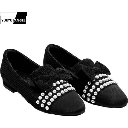 Designer Original Pearl Flats Mocassin Femme Bow Sweet Retro Ladies Shoes Luxury Brand Comfortable Slip-On Footwear Loafers 2020