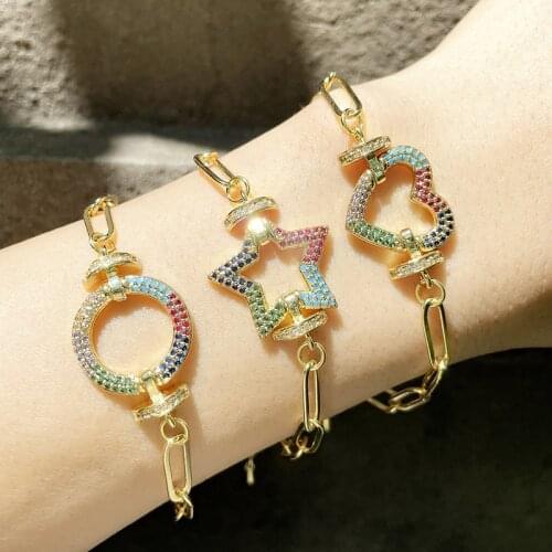 FLOLA Gold Chain Heart Bracelets For Women Colorful Crystal Round Star Bangle Bracelet Girls Jewelry Gifts brtd33