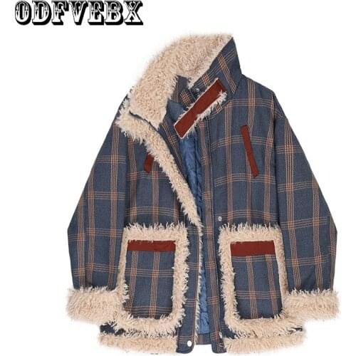 Plaid Lamb Wool Coat Women 2021 Fall Winter Outerwear Warm Padded Jacket Turn Down Collar Short Coat Female Splicing Cotton Coat