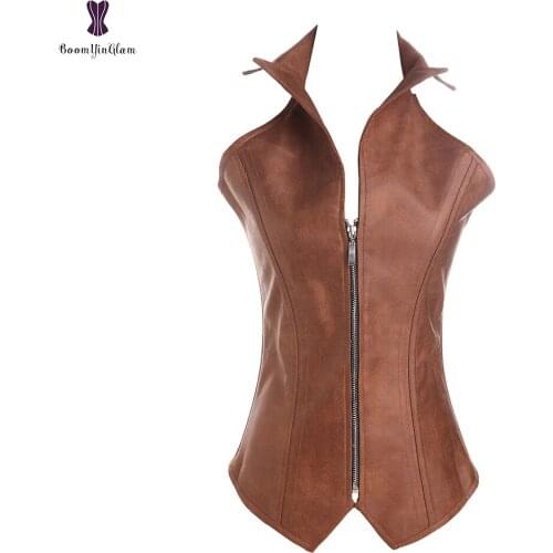 Halterneck Corset Steampunk Overbust Bustier Brown Steel Boned Zipper Corselet Faux Leather Korset Outfit Body Shaper
