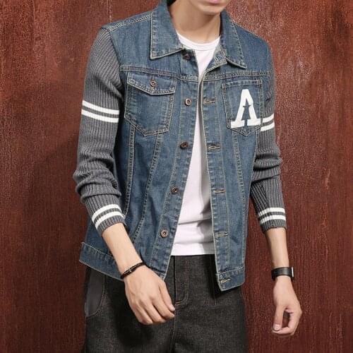 Jackets Male Patchwork Denim 2020 New Fashion Vintage Knitted Sleeves Stripe Outerwear 4XL Mens Jeans Jacket 5XL #936