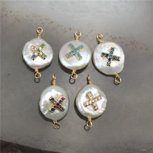 10-20mm 15pcs/lot Fashion cross cz charm pearl jewelry, exquisite zircon charm connector, irregular freshwater pearl jewelry