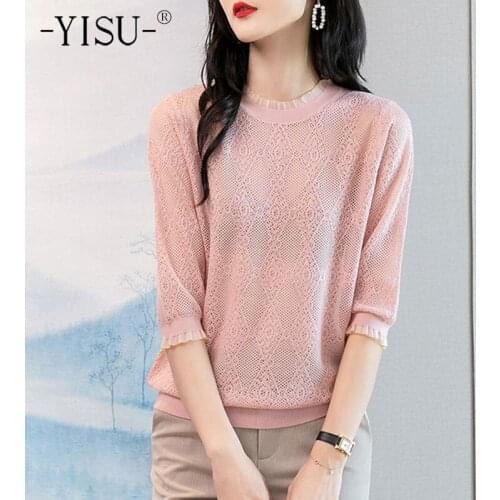 YISU 2021 Wool Autumn Women Sweater Solid color Lace O-Neck Casual Jumper Middle sleeve Knitted pullover Womens clothing