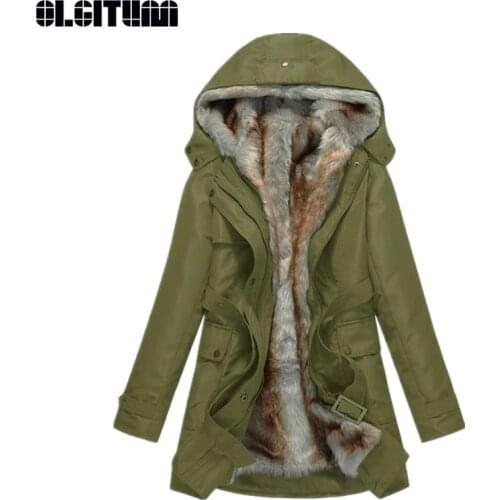 OLGITUM Women Basic Jackets Winter Coats Faux Fur Woman Warm Parka Hood Coat Plus Size Oversize 2 Pieces Sets CC196