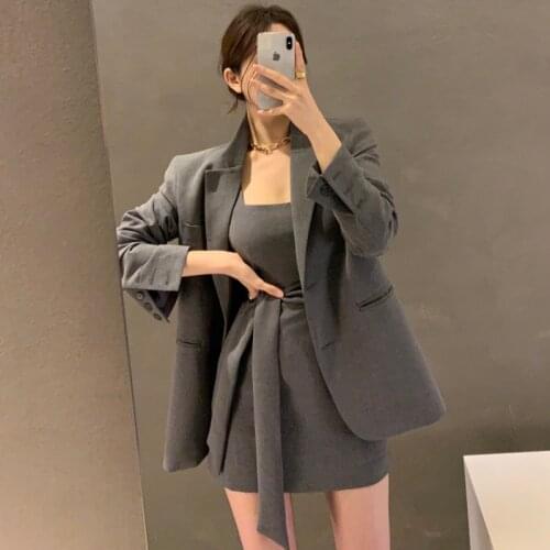 Korean Temperament Loose Lapel Long Sleeve Blazer Jacket Sexy Bandage Tank Dress Mini Autumn Fashion Dress Suits Sets OL Wild