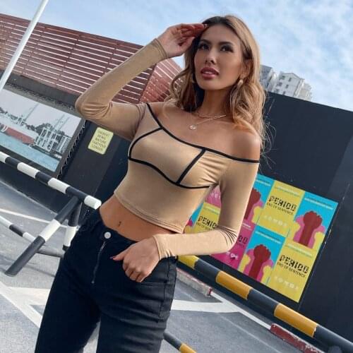 Sexy one - word shoulder long sleeve T - shirt women fashion street style short shirt T - Shirt women casual bottom shirt