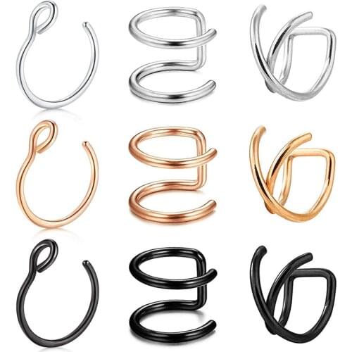 Fake Nose Rings Clip on Nose Septum Ring Faux Piercing Jewelry Fake Nose Ring Hoop for Nose Lip Ear Non-Pierced 3 Style