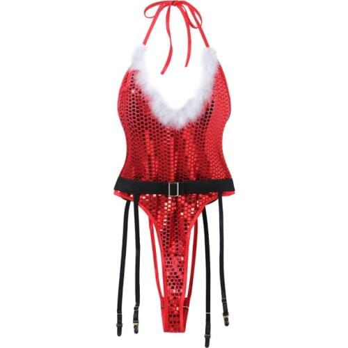 Womens Christmas Exotic Sets Themed Slim Bodysuit Deep V Neck Sleeveless Halter Sequins Jumpsuit One-piece with Waistband
