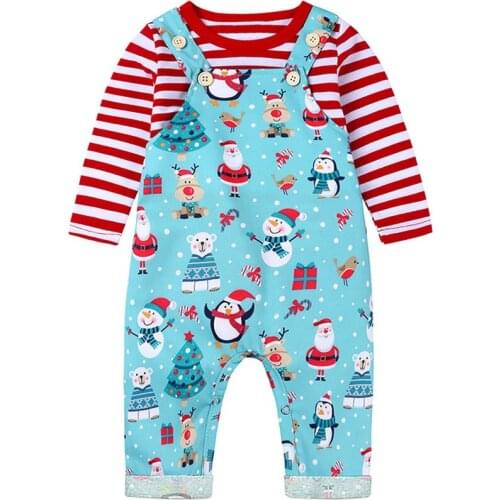 Chirstmas Baby Boy Girl Clothes Set 2020 Winter Long Sleeve Striped T-shirt Xmas Overalls Pant 2pcs Casual Kids Clothing Suit