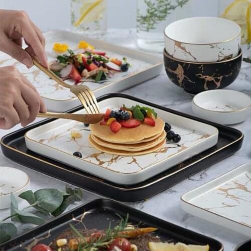 Nordic Ceramic Marble Square Dinner Plates Porcelain Phnom Penh Steak Plate Dessert Salad Snack Cake Dish Kitchen Tableware