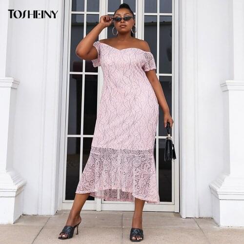 Tosheiny 2021 Women Plus Size Dresses Summer Sexy Elegant Vestidos Lace Slash Neck Party Evening Pink Curve 3XL 2XL