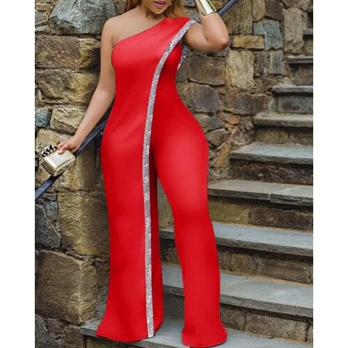 Bright Bar Patchwork One Shoulder Bodycon One Piece Jumpsuit Women Streetwear Full Length overalls for women Ladies Outfit