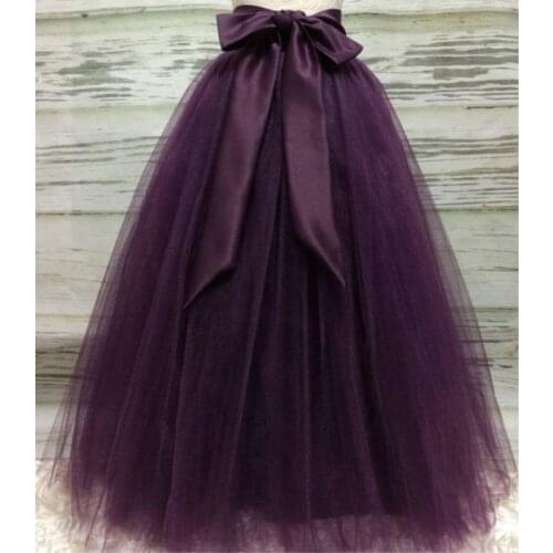 Dark Purple Long Tulle Skirts For Women With Riffon Sash Puffy Tutu Skirt Female Adult Saias Custom Made New Elastic