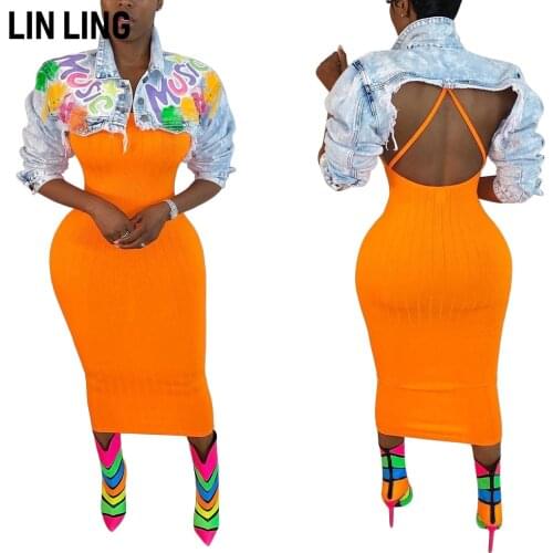 LINLING Light Blue Pop Element Letter Print Fringe Short Lapel Denim Jacket with Single Breasted Women Jacket