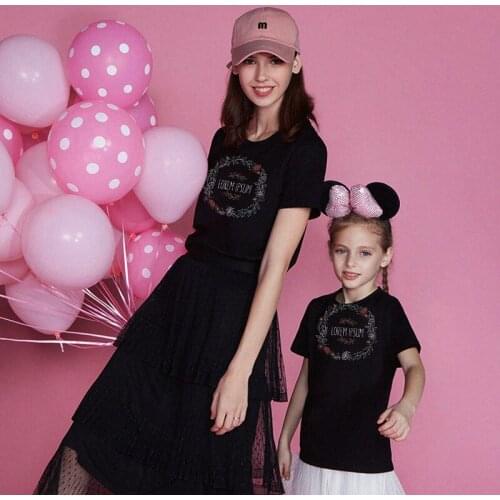Family Look Outfit Flower Creative Personality Black Short-sleeved Womens Mother And Baby Round Neck Loose T-shirt