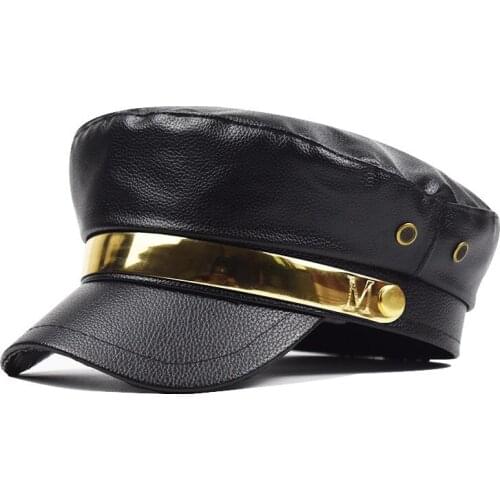 Women Autumn PU Military Hat Female Flat Army Cap Salior Hat Girl Ladies Travel Berets Black Painters Cap