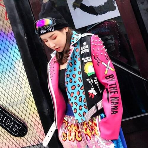Women Pink Leopard PU Jacket 2019 Spring new fashion Rivet Jacket Letter Printing Short Jacket Women PU Leather Jacket female
