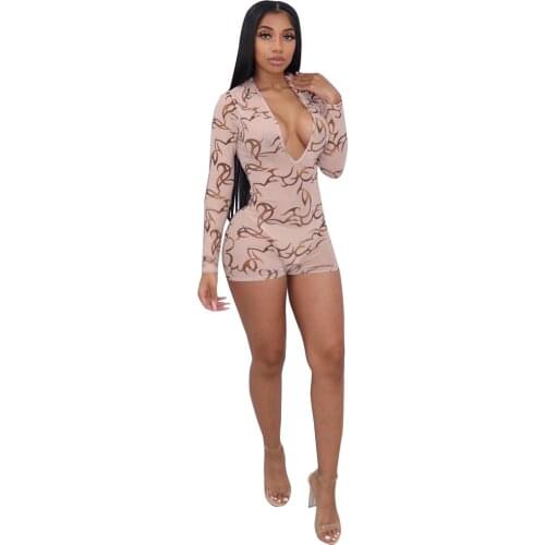RStylish Sexy Mesh Print Deep V Neck Long Sleeve Back Cut Out Bodycon Summer 2021 Women Clubwear One Piece Romper