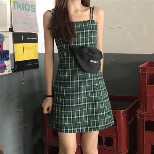 Plaid Sling Dress Milks Shreds Green Dress for Women Summer Holiday Daily Party LL@17