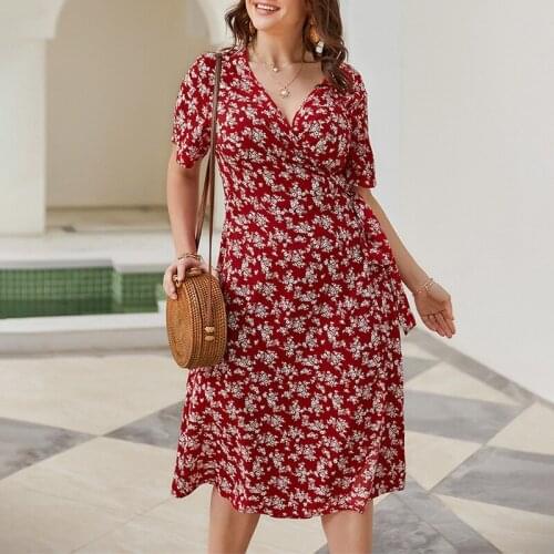 Plus Size Beach Dress Women V Neck Short Sleeve Floral Print Casual Dress 2021 Summer Belted Maxi Long Boho Dresses