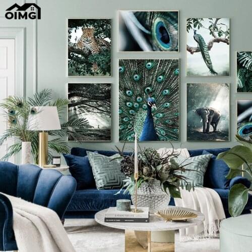 Jungle Leopard Elephant Canvas Prints Feather Art Peacock Poster Botanical Green Leaf Wall Art Painting Home Decorative Picture
