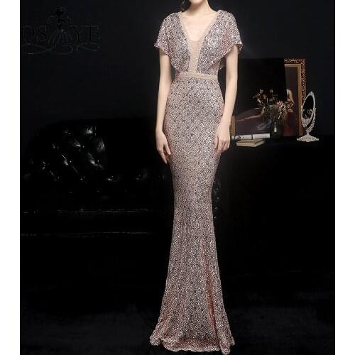 Golden Evening Dresses Mermaid Short Sleeves Sexy V Neck Beaded Belt Evening Gown Glitter Elegant Party Dress Bat Sleeves Formal