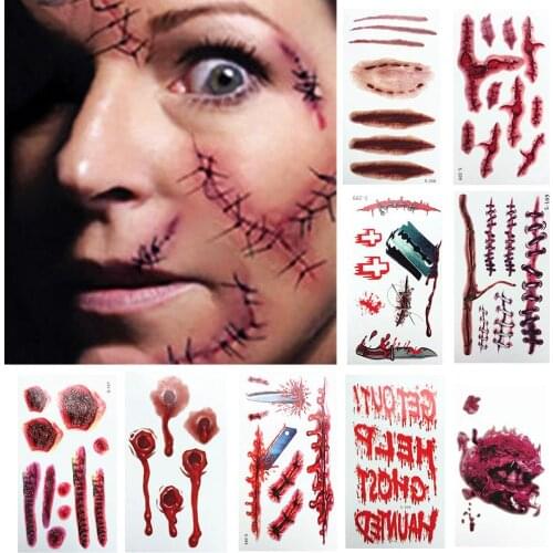 3D Halloween Toys Waterproof Bloody Scar Temporary Tattoo Sticker Halloween Terror Wound Realistic Cosplay Body Art Makeup Decal