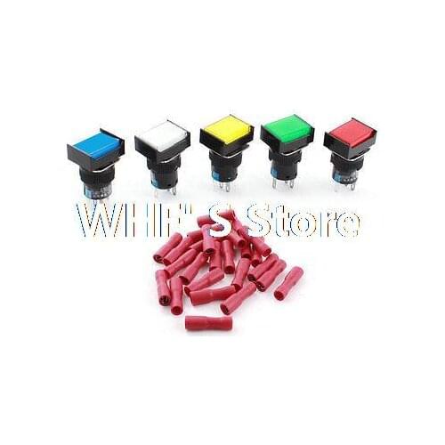 5Pcs AC220V Assorted Color LED Lamp SPDT Locking Pushbutton Switch 16mm w Connectors