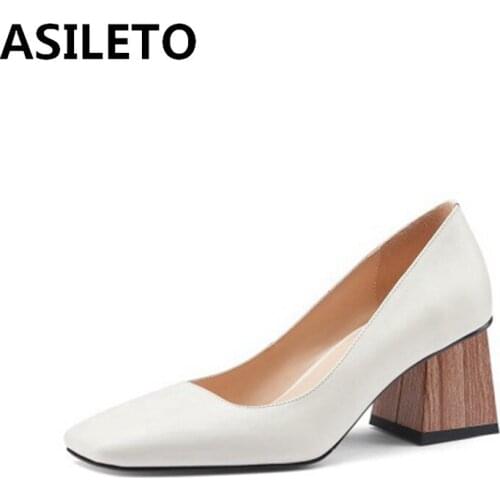ASILETO 2021 Square Toe Slip On Women Shoes Genuine Leather Shallow Ladies Spring Autumn Concise Square Wood High Heels Office