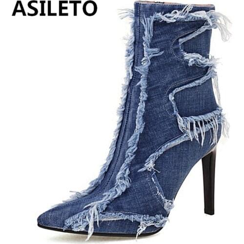 ASILETO 2021 New Autumn Design Ripped Denim Ankle Boots Pointed Toe Stiletto High Heel Zip Fur inside Small Size 33-45 S2478