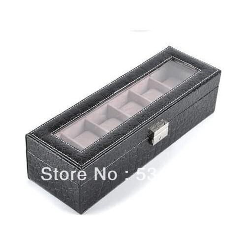Free shipping can fit into a 6 watches watch box gift box ,Glass surface Professional luxury leather watch boxes.black color