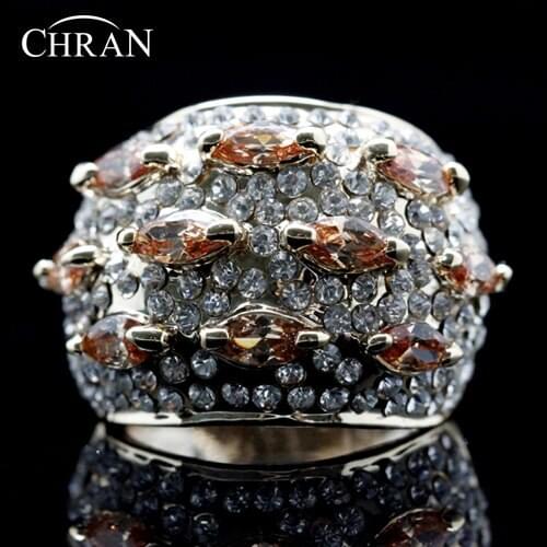 Chran Popular Gold Color Statement Rings Jewelry Wholesale Cubic Zirconia Promised Rings For Women Valentines Gifts